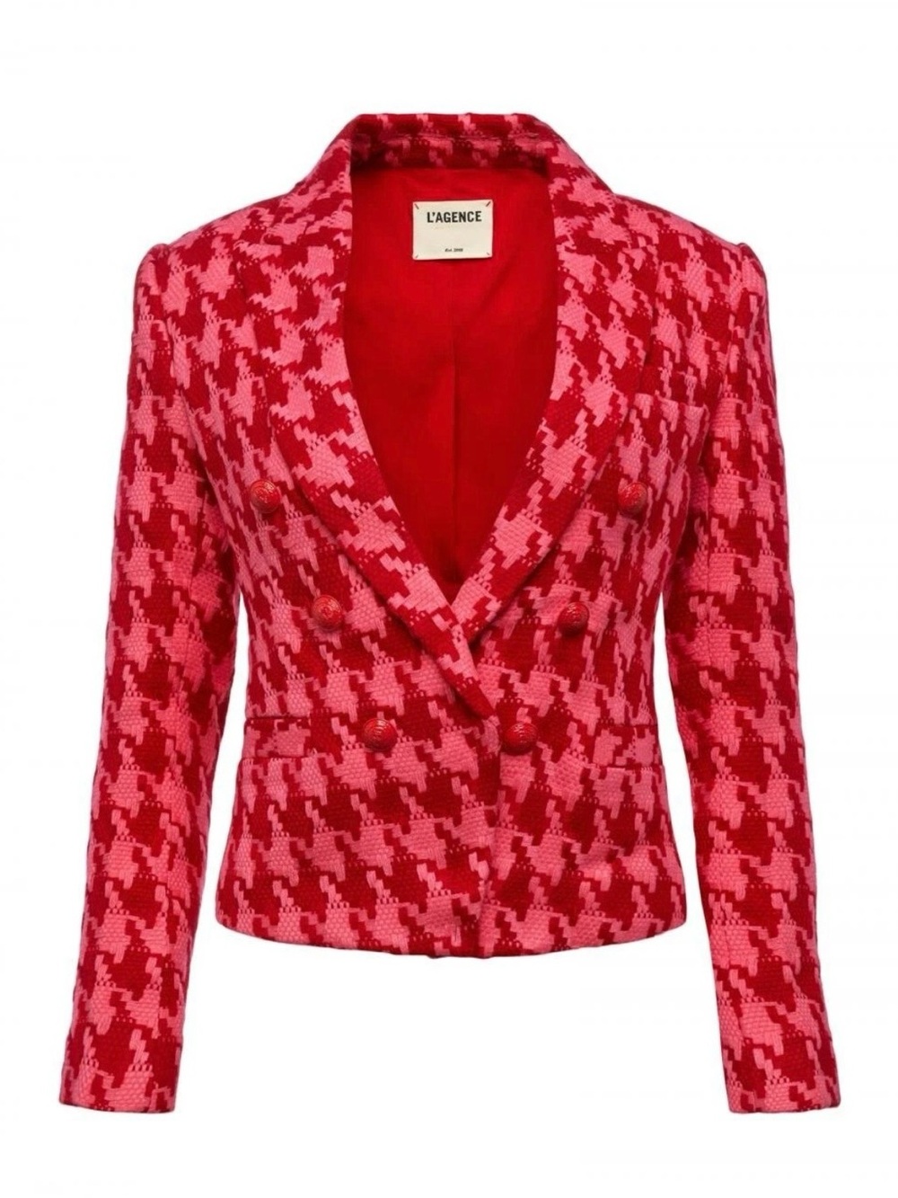 L'AGENCE Brooke Pink & Red Houndstooth Double-Breasted cropped Blazer